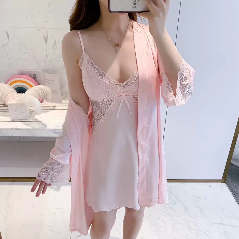 春季新款女士性感睡衣睡袍丝绸家居服吊带睡裙两件套装现货批发