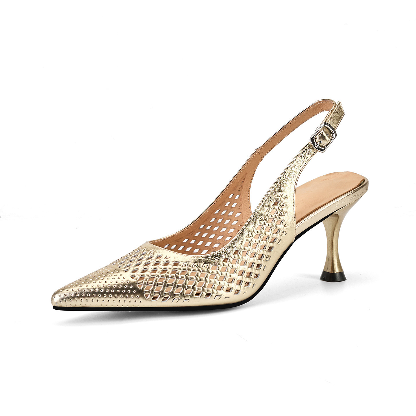 Sandal cao gót nữ mũi nhọn hở gót, gót 7 cm, phong cách Âu Mỹ — màu vàng