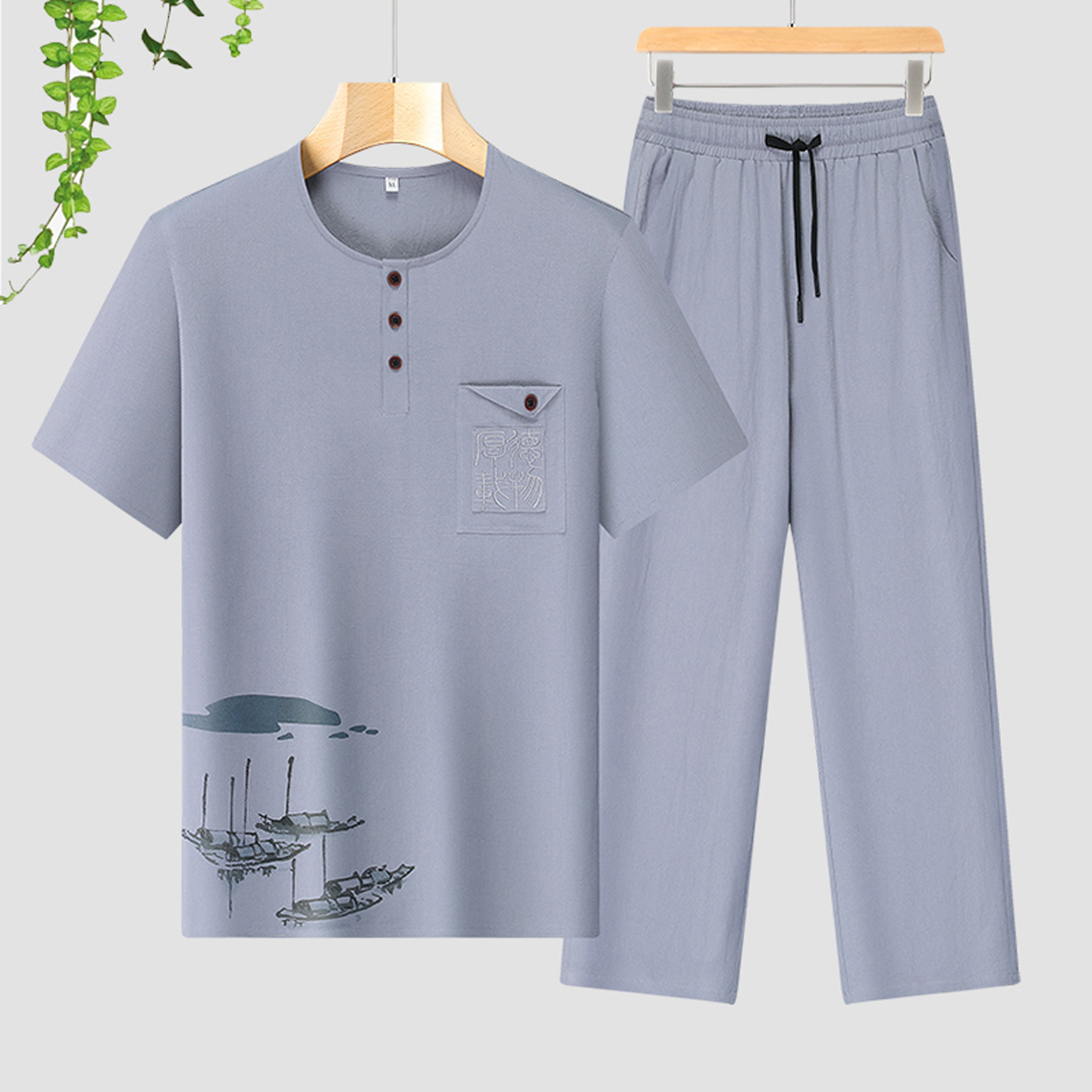 Papá transfronterizo de verano set de algodón de mediana edad camiseta de manga corta delgada abuelo dos piezas set de pantalones casuales image 6
