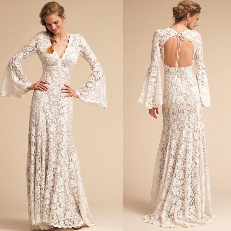 Foreign trade new slim-fit retro horn sleeve backless lace fishtail bride outdoor lawn travel light wedding dress