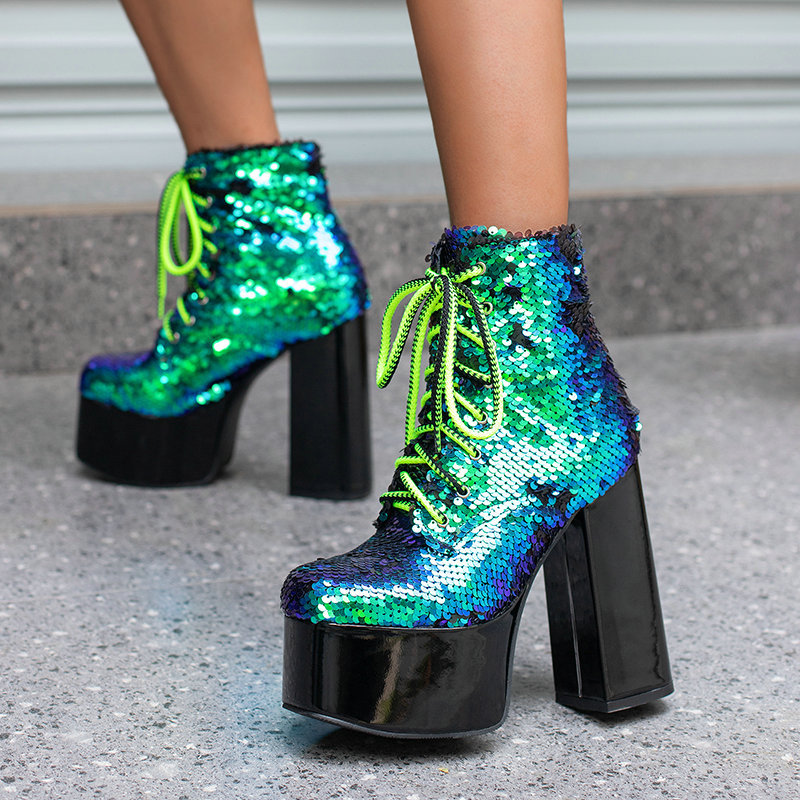 秋冬新款银色短靴女防水台超高跟亮片性感夜店时尚马丁靴女短筒靴