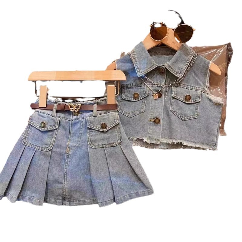 2024 서양식 여름 새로운 한국 스타일 소녀의 오래된 데님 소매 스커트 세트 소녀의 귀여운 데님 투피스 세트