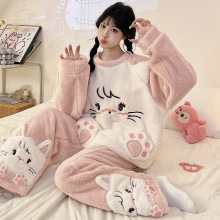 秋冬新款长毛绒睡衣女款甜美猫咪加厚保暖学生宿舍家居服套装外穿