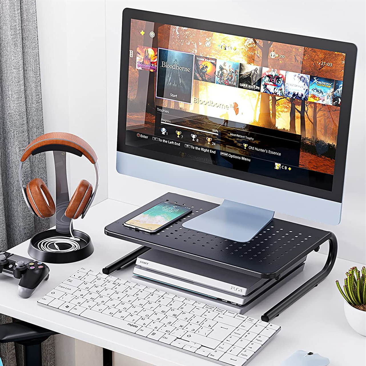 Soporte elevado para monitor de computadora con orificio de ventilación y espacio para teclado