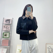 2025年秋冬新款翻领皮质口袋羊毛毛衣外套法式休闲短款针织开衫女