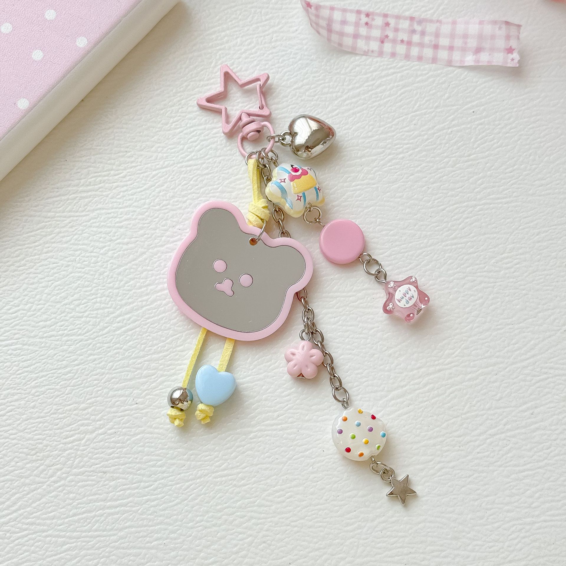 Pink mirror bear keychain with star, cookie, and heart beads, sweet and cute accessory for girls' backpacks