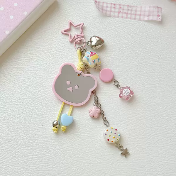 Pink mirror bear keychain with star, cookie, and heart beads, sweet and cute accessory for girls' backpacks