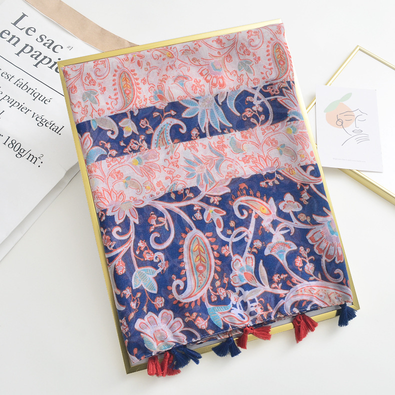 Nuevo estilo étnico retro anacardo impreso bufanda primavera y verano delgada transpirable viaje protector solar playa toalla borla bufanda