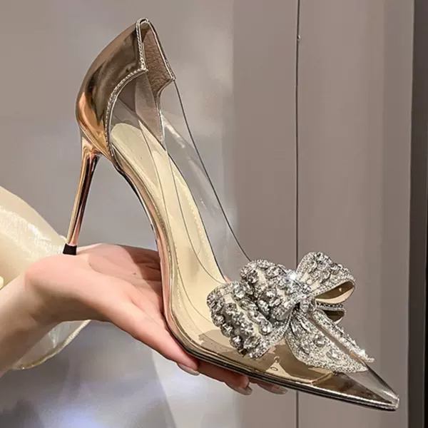 Transparent High-Heeled Shoes for Women with Thin Heels, 2026 Spring New Style, Elegant Ladylike Rhinestone Bow French-Style Single Shoes, Wedding Shoes
