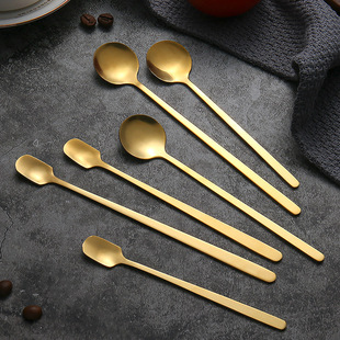 Stainless steel square spoon creative long handle bar ice Golden coffee mixing spoon small round spoon mug spoon