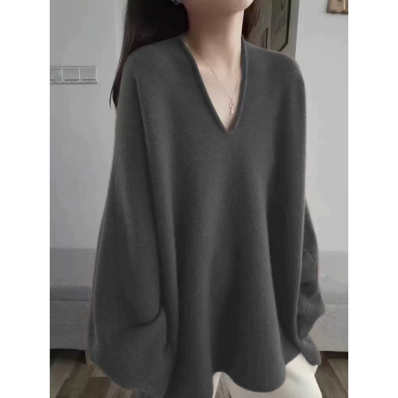 Черный вязаный демисезонный свитер, французский стиль, V-образный вырез, стиль высшего качества, оверсайз