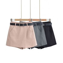 9021-25夏季新款  欧美风高腰系腰带阔腿休闲交叉摆A字裙裤女短裤