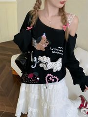 趣味の立体的な犬のプリントの斜め肩の露肩の長袖のパーカーの女性のデザイン感のゆったりとしたカジュアルな上着の黒い灰色