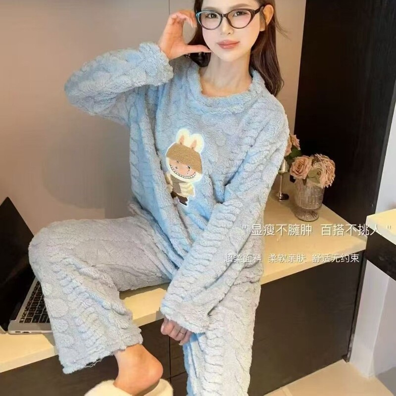 2025秋冬新款舒棉绒卡通睡衣套装家居服女加绒加厚保暖舒适两件套|undefined