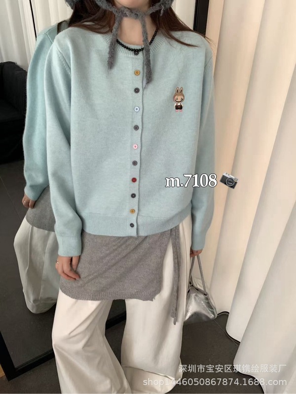 琪镌绘制秋冬季新款针织开衫软糯宽松圆领彩扣毛衣百搭外套女7108|undefined