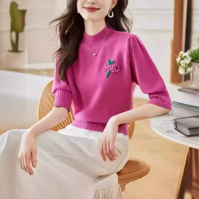 Вышитый свитер с половинным вырезом женский утренний весенний костюм