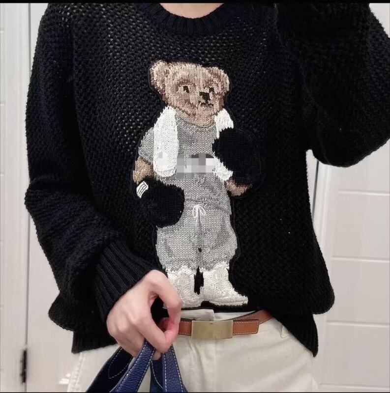 2025 New Autumn and Winter Boxer Bear Cotton Cut Out Design Round Neck Pullover Knitwear Women's Loose Age-Reducing Knitwear