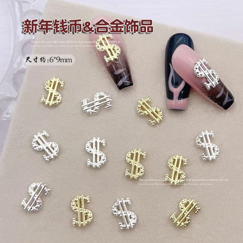 Fortune Nail Accessories Light Luxury Super Flash Alloy Dollar Diamond Coin Symbol Wear Armor Accessories Wholesale