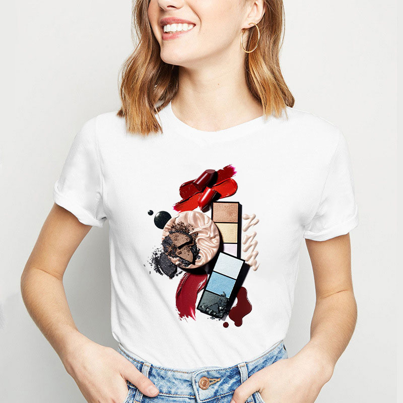 in stock Foreign Trade Cross-border Women's Short-sleeved White T-shirt Beauty Makeup Nail Polish Printing Fashion Summer Loose Fashion in stock Foreign Trade Cross-border Women's Short-sleeved White T-shirt Beauty Makeup Nail Polish Printing Fashion Summer Loose Fashion