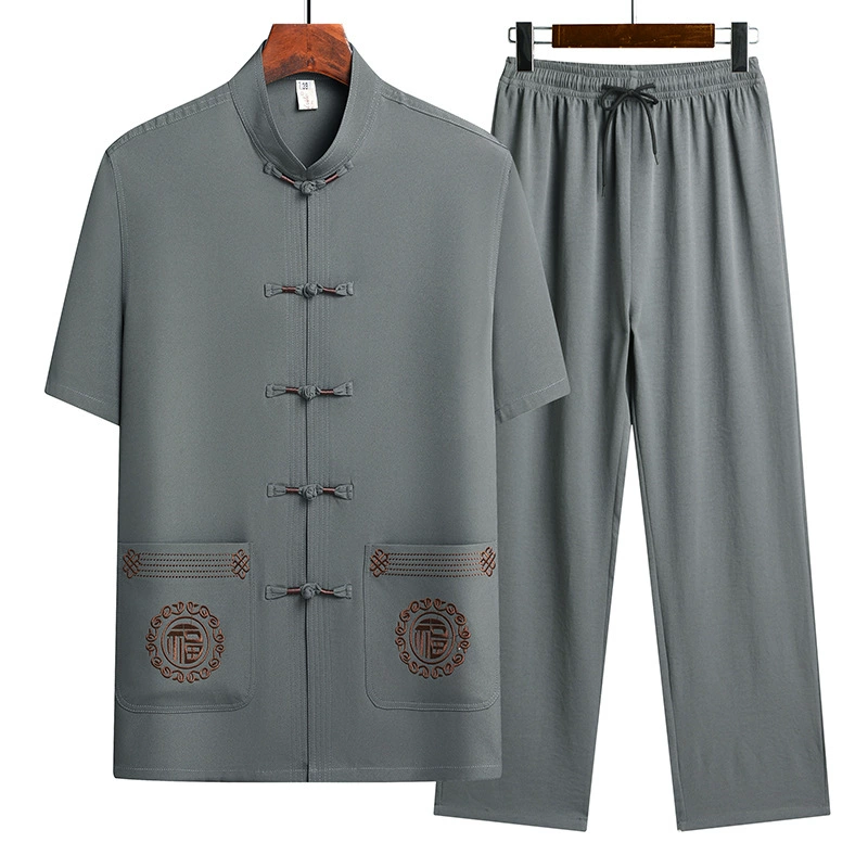 Мужской костюм Тан с короткими рукавами, имитация хлопка и льна, костюм для папы и дедушки в ретро-китайском стиле, мужской костюм Ханфу для мужчин среднего и старшего возраста, деловой повседневный стиль.