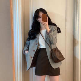 韩国ins气质 早秋复古气质 单排扣西装 职业装 长袖 西服外套女