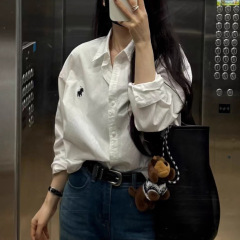 高级感美式复古小马刺绣长袖衬衫女2025春秋款小个子韩系别致上衣