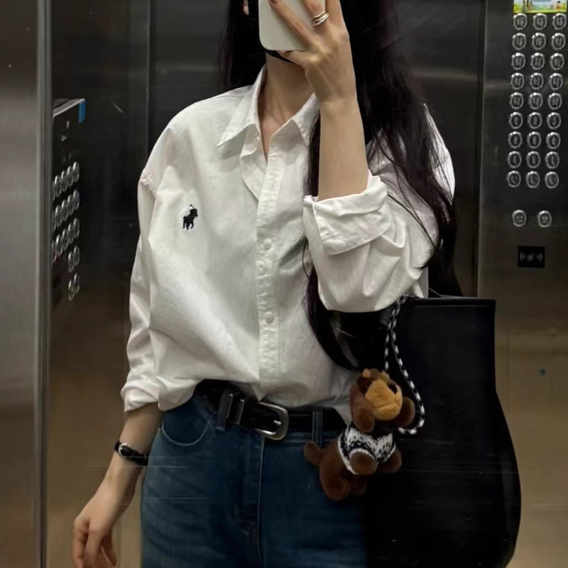 高级感美式复古小马刺绣长袖衬衫女2025春秋款小个子韩系别致上衣|undefined