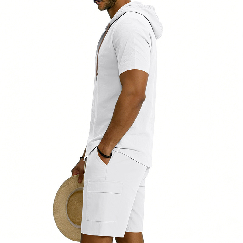 Men's Linen Hooded Short Sleeve Shirt With Workwear Shorts Set, Relaxed Fit Breathable Summer Outfit For Vacation And Casual Style_viptrois.com