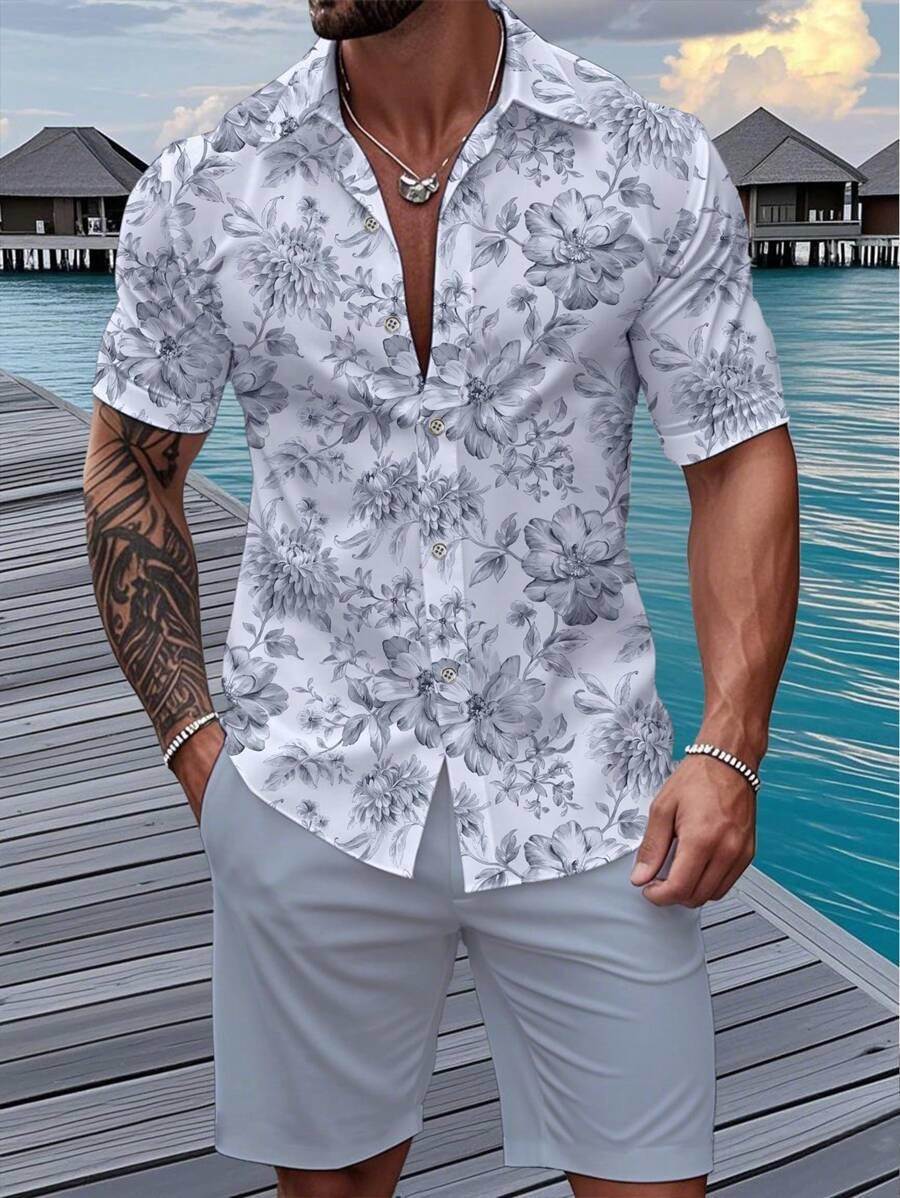 Men's Summer Beach Shorts Set With 3D Digital Print Black White Contrast Vacation Style Casual Short Sleeve_viptrois.com