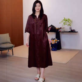 0605-53 红云纱连衣裙法式桑蚕丝真丝龟纹提花香云纱连衣裙