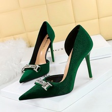1363-K80 European and American style high heels, slim heels for women's shoes, thickened suede, shallow cut, pointed side hollowed out rhinestone buckle single shoe