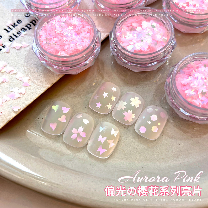 Super Fairy Nail Art Glitter Polarized Pink Cherry Blossom Butterfly Iridescent Crooked Heart Star Ultra-Thin Sparkling Nail Decoration Stickers
