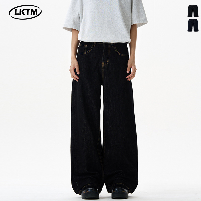 LKTM Classic Black Washed Denim Trousers Relaxed Fit Wide Leg Jeans for Men And Women Cleanfit Aesthetic_viptrois.com
