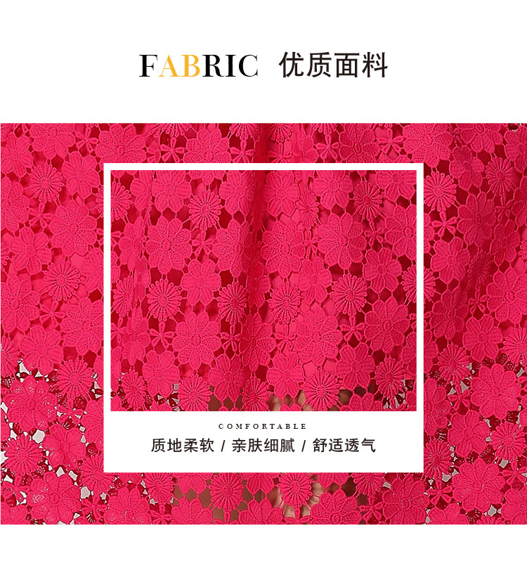 Đầm maxi nữ cổ V ren thắt eo tay ngắn họa tiết rỗng — màu đen, Rượu vang đỏ, màu hồng đậm, màu trắng chi tiết 92