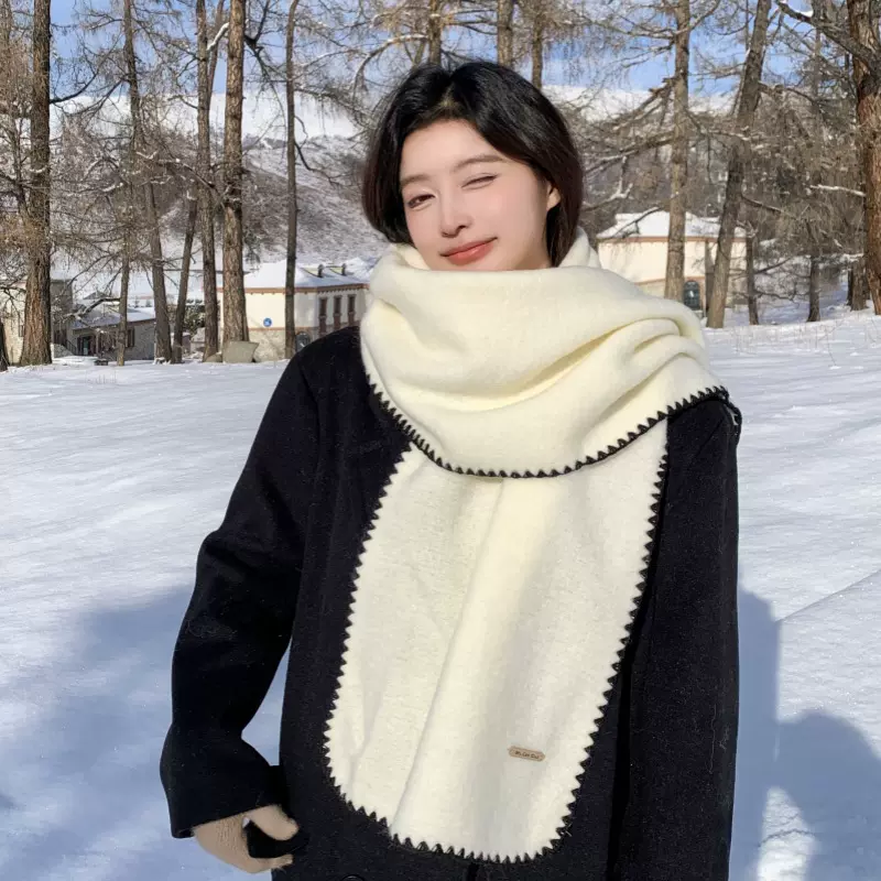 白月光~软糯雪糕含羊毛锁边设计围巾女秋冬韩ins氛围感保暖围脖男
