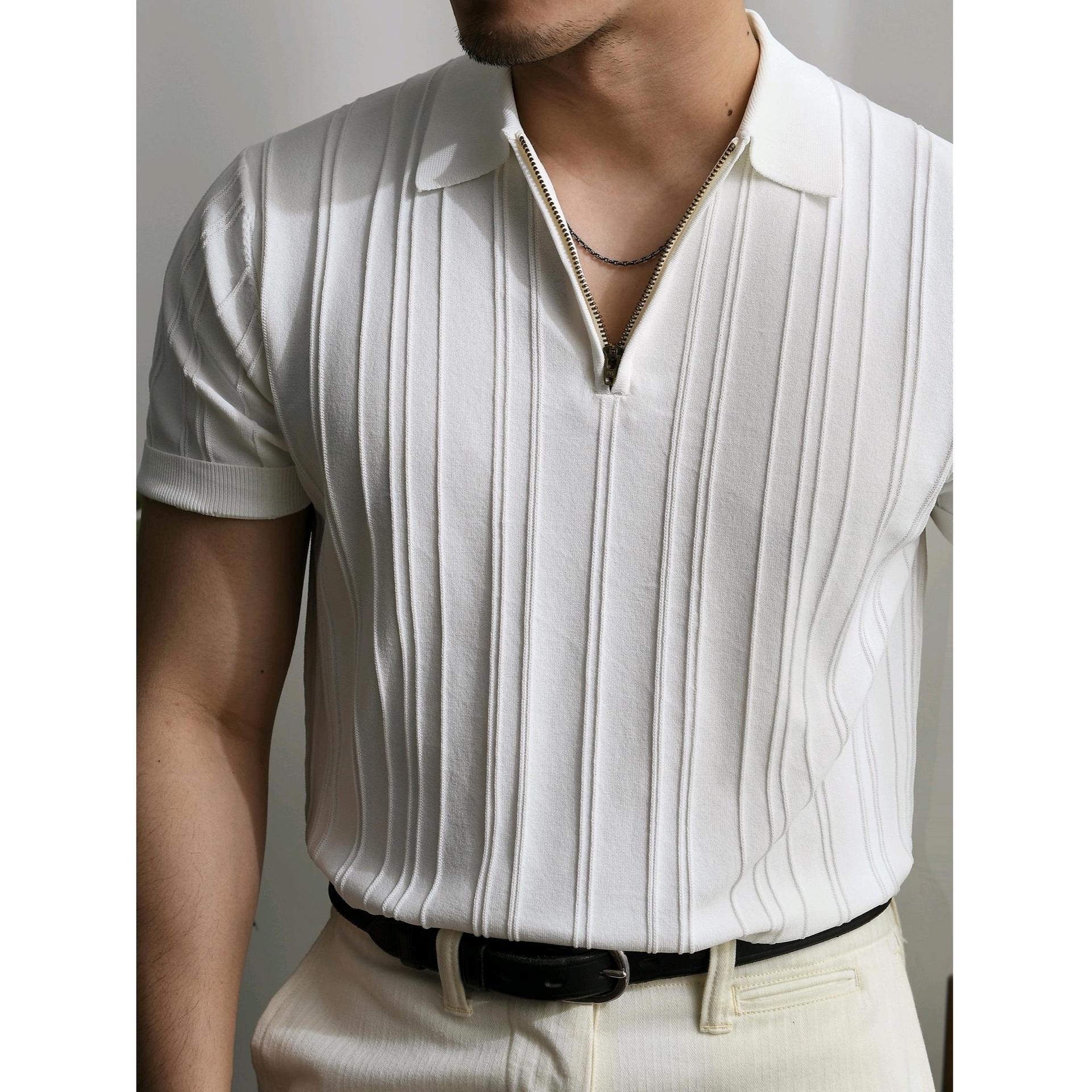 Zipper Knitted Short-sleeved Polo Shirt Men's Summer American Style Retro Commuting Loose Vertical Stripe Pit Lapel T-Shirt Men's