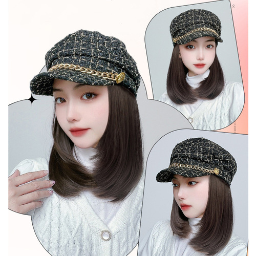 Hat and wig all-in-one women's fashion autumn and winter style small fragrant peaked cap short hair clavicle hair full head wig hat