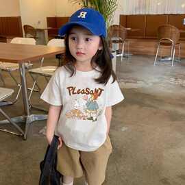 跨境现货儿童短袖女夏季新款宽松前后卡通印花学生休闲T恤上衣潮