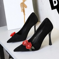 3767-H85 Beautiful Rose Decorative French High Heels Women's Shoes with Thin Heels, Pointed Points, Shallow Mouth, One Step Stepping, Single Shoes for Women