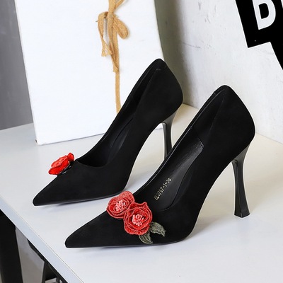 3767-H85 Beautiful Rose Decorative French High Heels Women's Shoes with Thin Heels, Pointed Points, Shallow Mouth, 