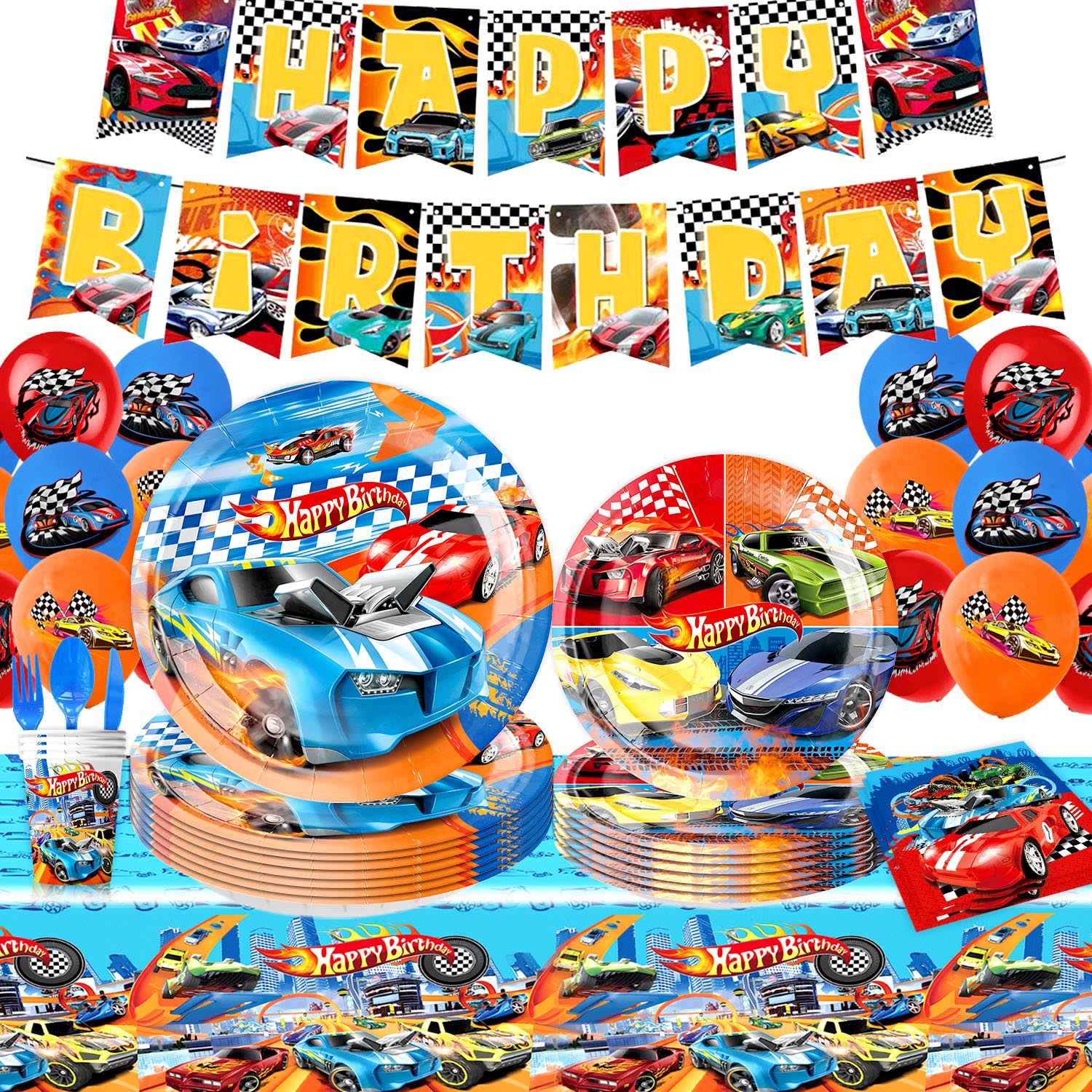 Amazon Hot Sale Hot Wheel Racing Theme Party Party cubiertos bandejas de papel tazas de papel bandejas de tracción