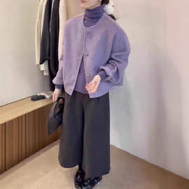 韩系双面羊绒大衣女短款秋冬新款圆领阔版显瘦单排包扣羊毛呢外套