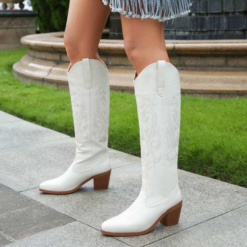 2024 European and American New Style Chunky Heel Denim Boots High-Heeled Knee-High Riding Boots for Women Embroidered Boots