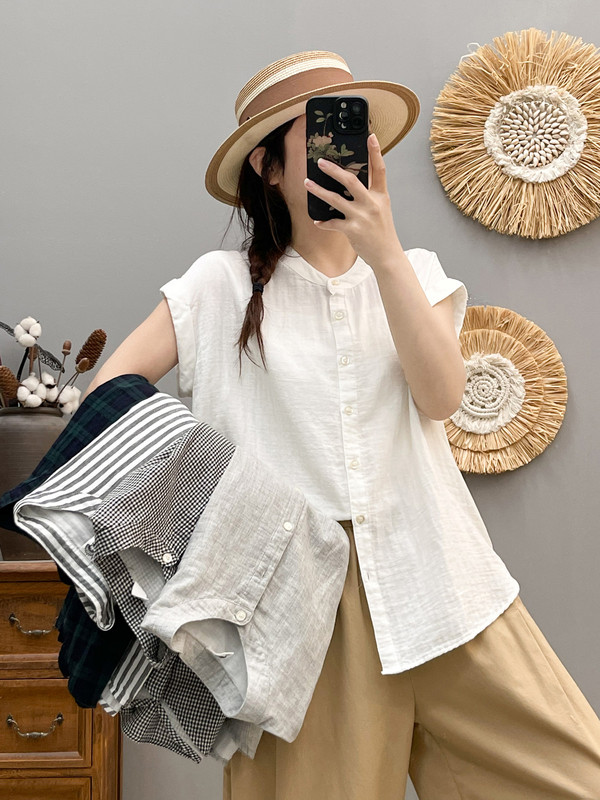 Artistic Fresh Stand Collar Sleeveless Double Layer Cotton Gauze Shirt for Women, New Loose Versatile Casual Blouse for Summer Artistic Fresh Stand Collar Sleeveless Double Layer Cotton Gauze Shirt for Women, New Loose Versatile Casual Blouse for Summer
