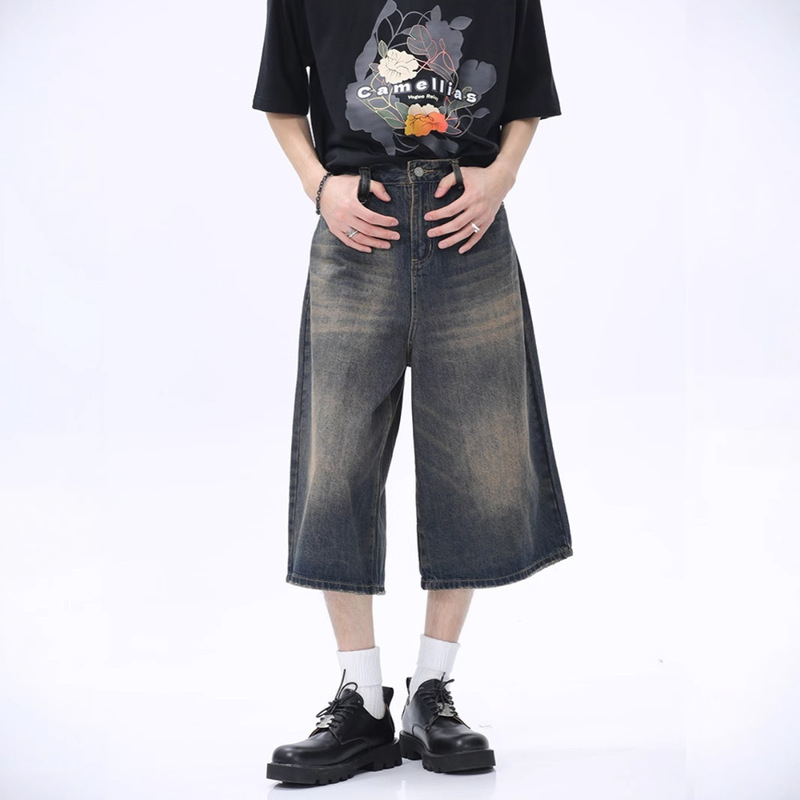 Fashion Wide-Leg 7-Point Jeans 2025 Summer New Retro Washed Distressed Straight Denim Mid-Length Men's Shorts Fashion Wide-Leg 7-Point Jeans 2025 Summer New Retro Washed Distressed Straight Denim Mid-Length Men's Shorts