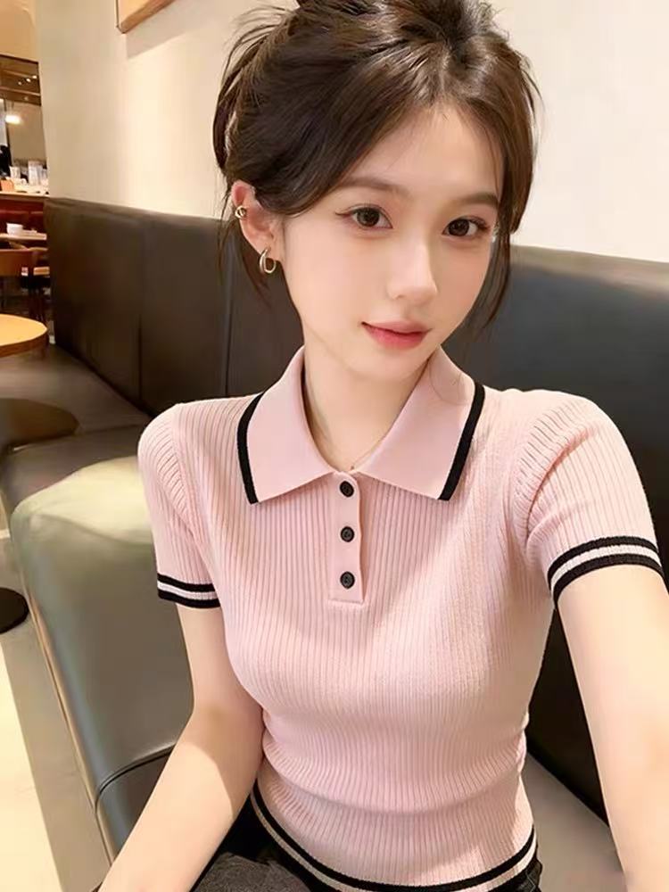 Áo thun polo nữ tay ngắn cổ bẻ dệt kim co giãn phong cách Hàn Quốc — đen