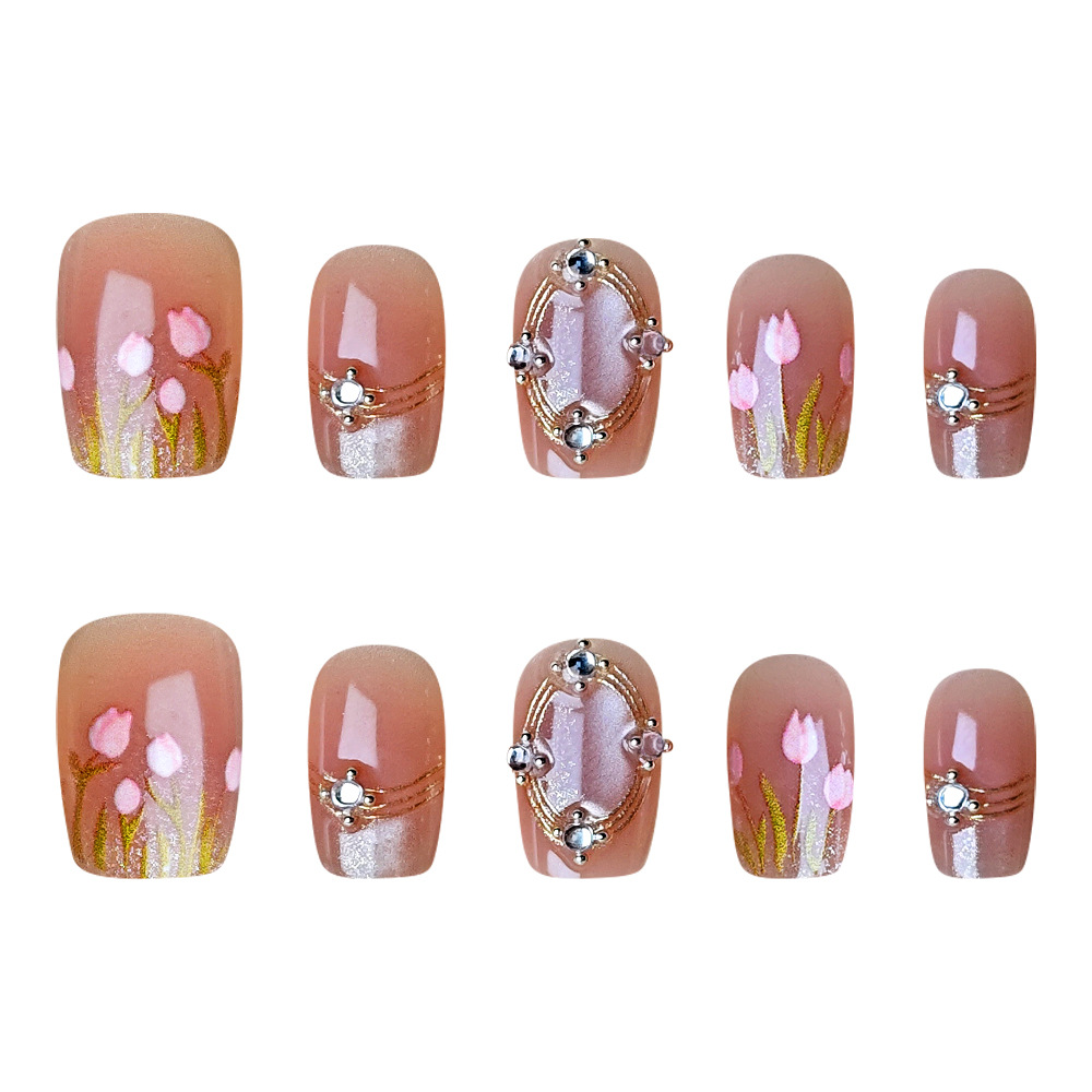 Parche de uñas de tulipán tridimensional 3D Gema con incrustaciones de diamantes Armadura portátil hecha a mano 10 piezas de uñas de ojo de gato de código dividido Armadura corta image 6