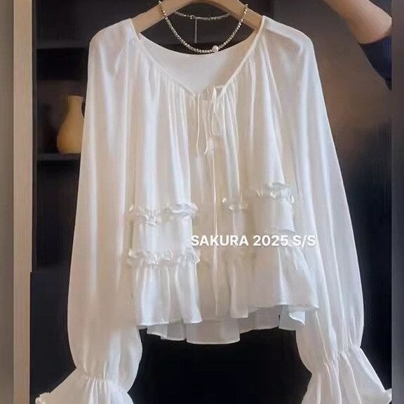 2026 New French-Style Ruffled Tie Flare-Sleeve Blouse for Women, Summer Loose Slimming Shirt Top 2026 New French-Style Ruffled Tie Flare-Sleeve Blouse for Women, Summer Loose Slimming Shirt Top