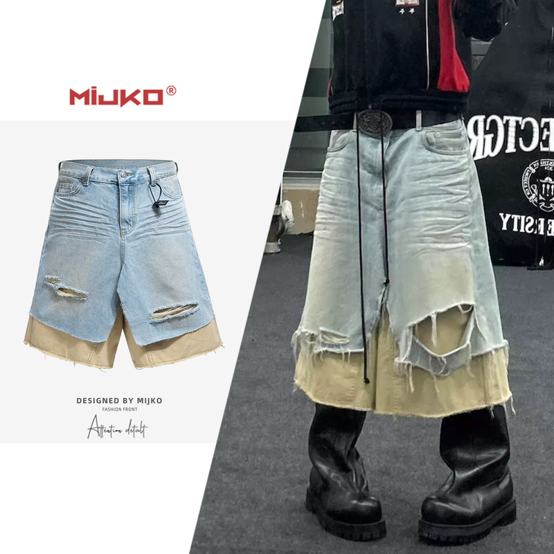 Mijko Men's and Women's Unisex Style Fake Two-Piece Color-Blocked Denim Ripped Distressed Whiskered Shorts