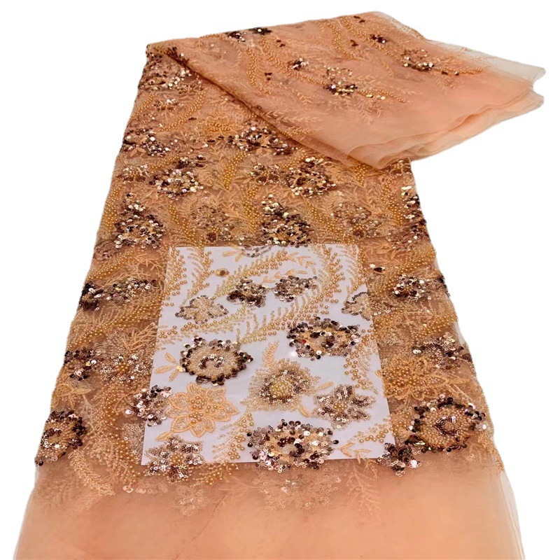 蕾丝刺绣网纱珠管绣亮片绣花布重工钉珠优雅婚纱礼服时装非洲面料